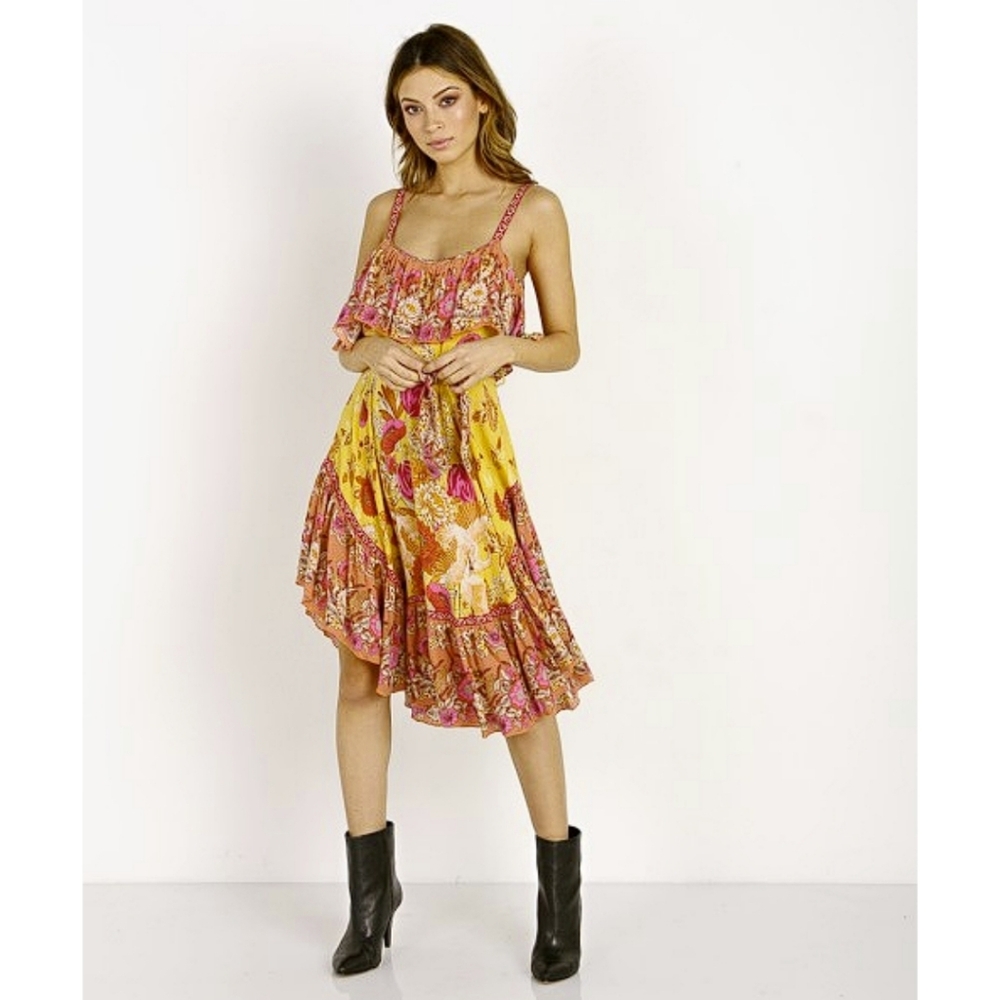 Spell Yellow & Pink Floral Ruffle Midi Dress NWT